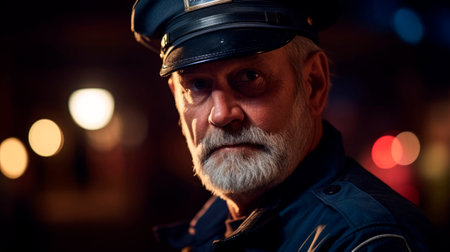 Night watchman portrait determination in warm lightの素材