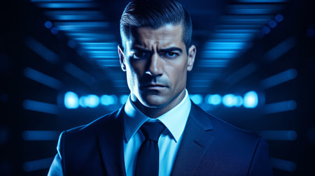 Formal security agent under cool blue exuding professionalismの素材