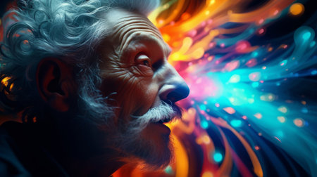 Animator's features lit by vibrant dynamic colorsの素材
