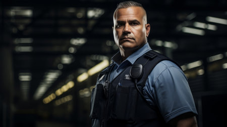 Authoritative security officer resolves in vivid lightの素材