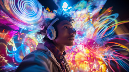 Performance captured animator under colorful lightsの素材