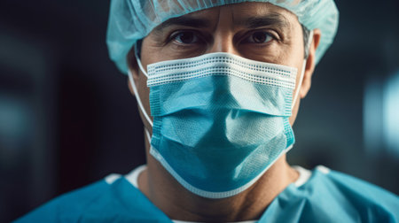 Dedicated surgeon in scrubs and mask bright sterile lightの素材