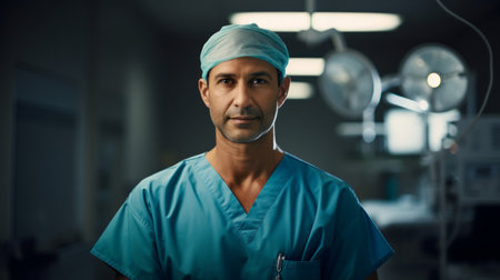 Compassionate surgeon late 30s empathy in warm lightの素材