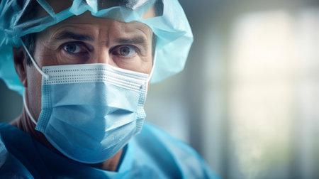 Talented surgeon's gaze surrounded by clinical precisionの素材
