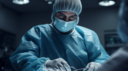 Surgeon dressed gloved hands showcasing expertiseの素材
