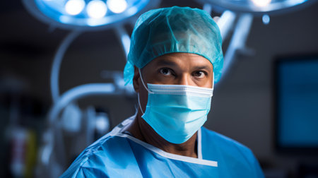 Skilled surgeon prime surgical attire bright OR lightの素材