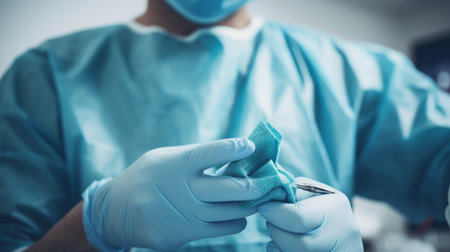 Precision of surgeon's hands in sterile white settingの素材