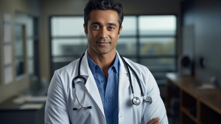 Late 30s medical practitioner empathy in warm lightの素材