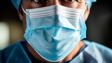 Surgeon mid-40s in surgical attire illuminated brightlyの素材