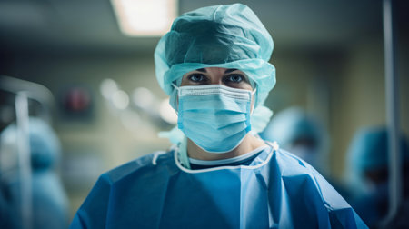 Prime surgeon in attire illuminated by OR lightingの素材