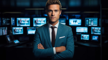 Late 30s journalist crisp suit newsroom blue-toned lightの素材