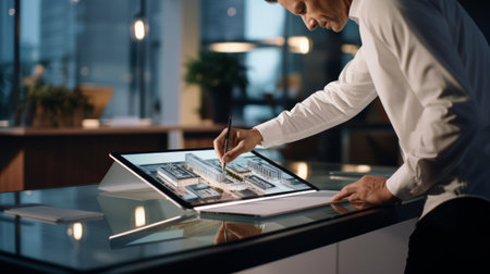 Architect sketches on tablet concentrated focused lightの素材