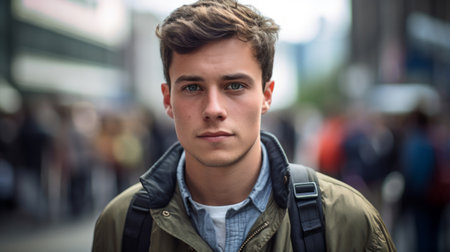 20s journalist badge city backdrop bright daylightの素材