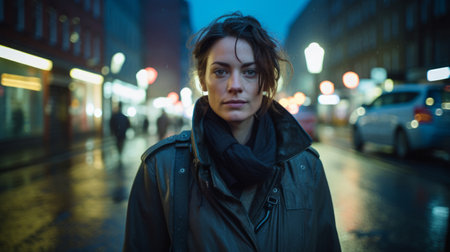 Investigative journalist trench coat rainy street blue lightの素材