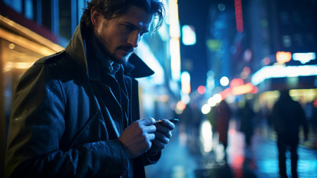Late 30s journalist rain trench coat blue-toned reflectionの素材