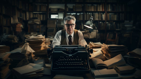 Typing journalist surrounded by newspapers soft warm lightの素材