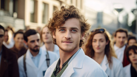 Young sociologist 20s lab coat diverse group bright daylightの素材