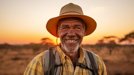 Seasoned sociologist safari hat global community golden sunsetの素材