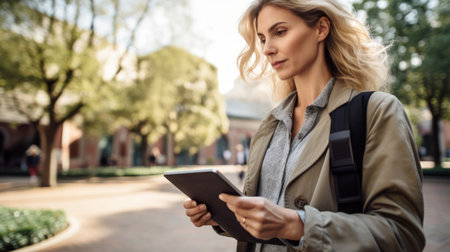 Sociologist in field surveys with tablet bright daylightの素材