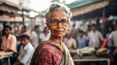 Engaging portrait sociologist in street market crowd colorful stalls daylightの素材