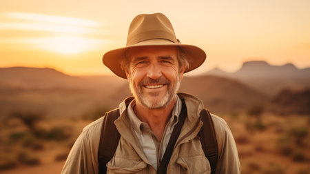 Seasoned sociologist safari hat global community golden sunsetの素材