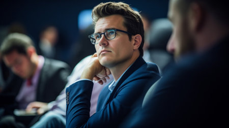 Determined political scientist observes TV debate political discourse natural lightingの素材