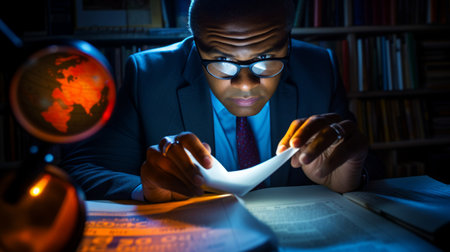 Political researcher examining stats spot lightingの素材