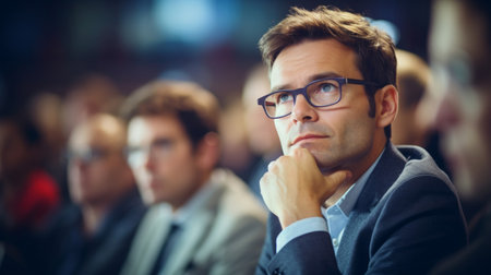 Determined political scientist observes TV debate political discourse natural lightingの素材