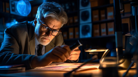 Political researcher examining stats spot lightingの素材