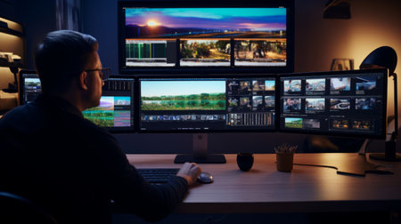 Confident film editing by editor large monitor cinematic studio settingの素材