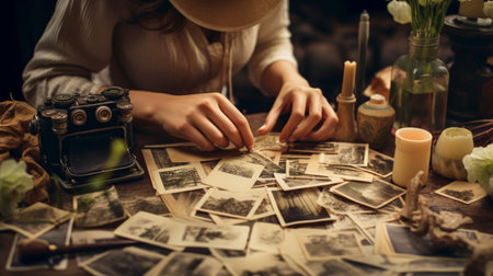 Close-up: editor's hands with vintage photos nostalgic ambiance soft lightingの素材