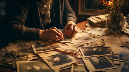 Editor's hands crafting vintage photo collage atmospheric with soft diffused lightingの素材