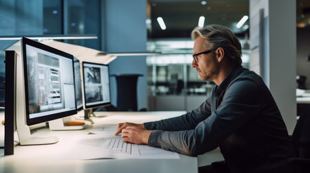 Editor in publishing house edits manuscript sleek office design digital toolsの素材