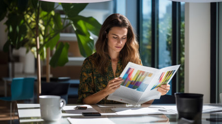 Confident editor reviews magazine layout colorful visuals modern office lightingの素材