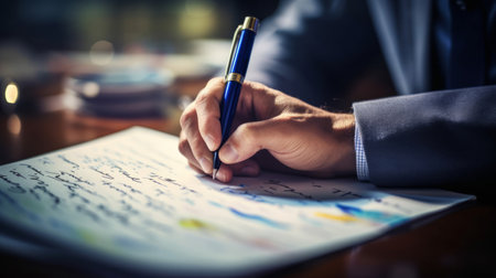Editor making handwritten notes on manuscript detailed ink pens and paper textureの素材