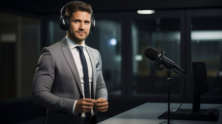 Live show host in sleek studio minimalist style engaging talkの素材
