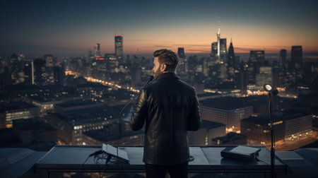 Radio announcer on rooftop with city skyline at night speaking into micの素材