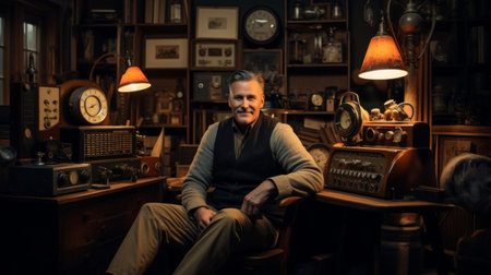 Radio host in vintage studio with classic equipment warmly litの素材