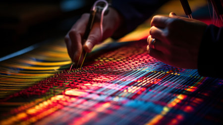Writer weaving words on loom colorful threads intricate patterns litの素材