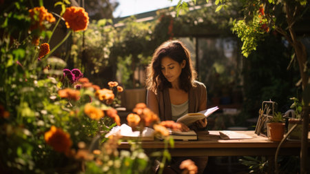 Creative writing in vibrant garden writer surrounded by natureの素材