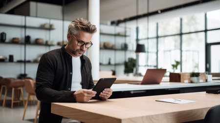 Writer with tablet in high-tech workspace minimalist and focusedの素材