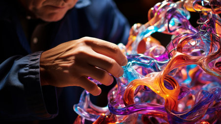 Close-up on kinetic sculpture assembly vibrant movement captured under lightの素材
