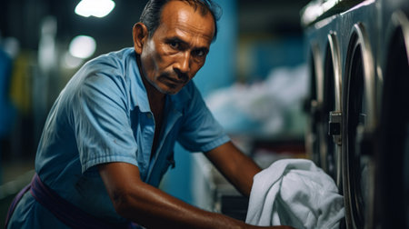 Laundry employee carefully folds freshly laundered shirts under bright lightの素材