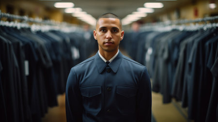 Laundry manager inspects military uniforms disciplined soldiers in backgroundの素材