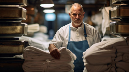 Worker examining hotel linens in industrial laundry background machine humの素材