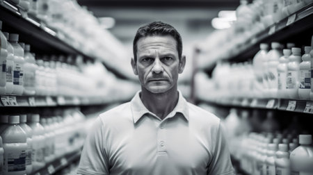 Manager's close-up with neatly arranged detergent bottles sense of orderの素材