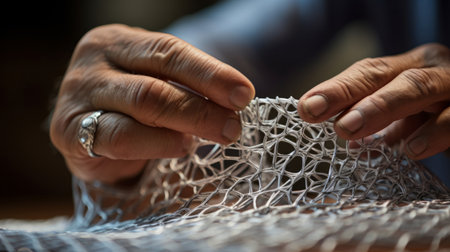 Close-up of hands crafting kinetic sculpture intricate wires under focused lightの素材