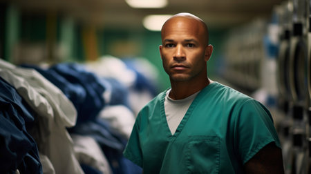 Atmospheric view of supervisor in hospital laundry cleaning and sterilizing linensの素材
