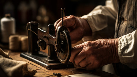 Attendant expertly threads sewing machine emphasizing repair craftsmanshipの素材