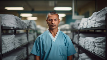 Hospital laundry leader oversees cleaning with neatly folded medical linensの素材